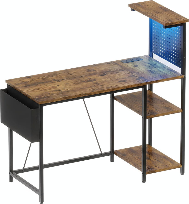 Gaming Desk with Pegboard Power Outlet LED Light