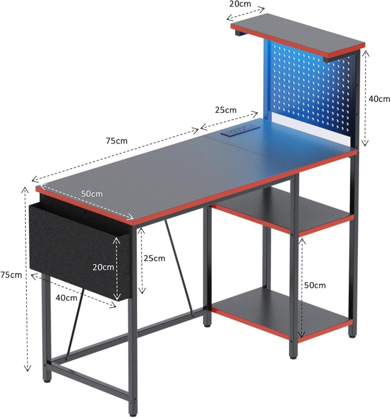 Gaming Desk with Pegboard Power Outlet LED Light
