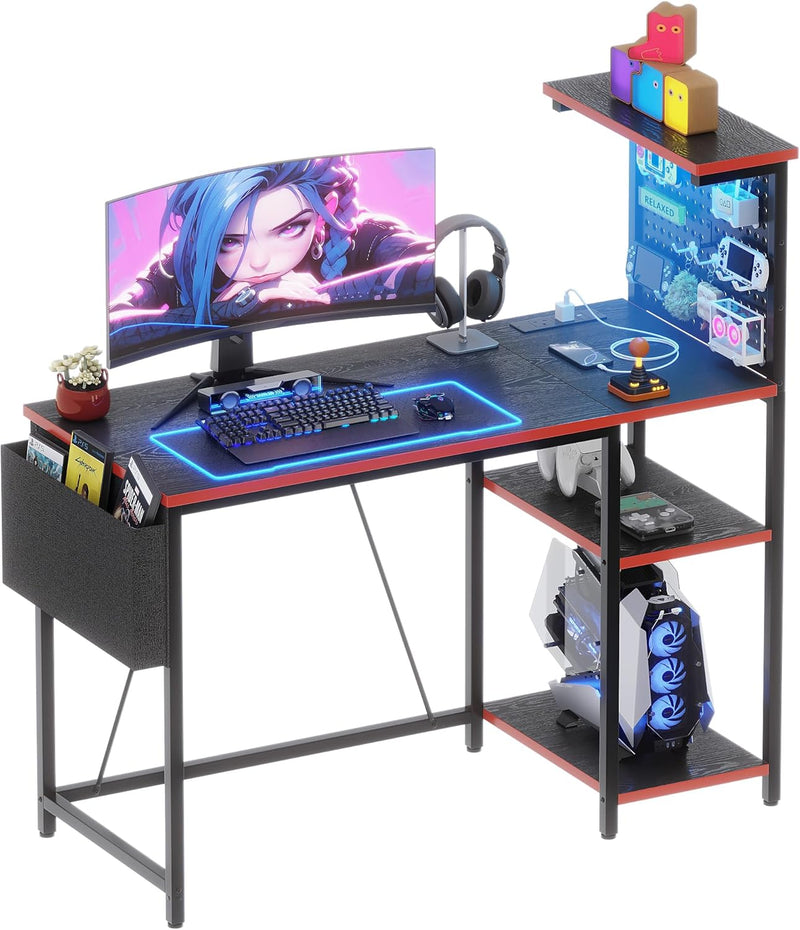Gaming Desk with Pegboard Power Outlet LED Light