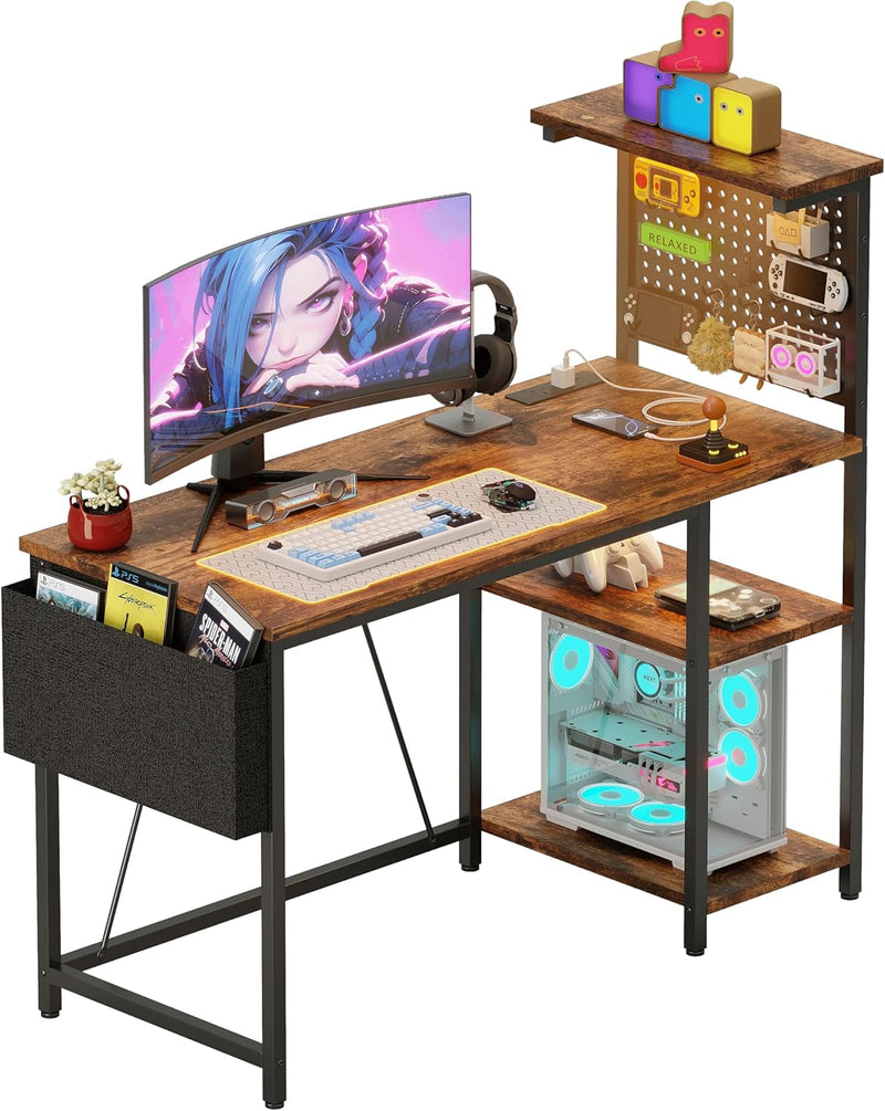 Gaming Desk with Pegboard Power Outlet LED Light