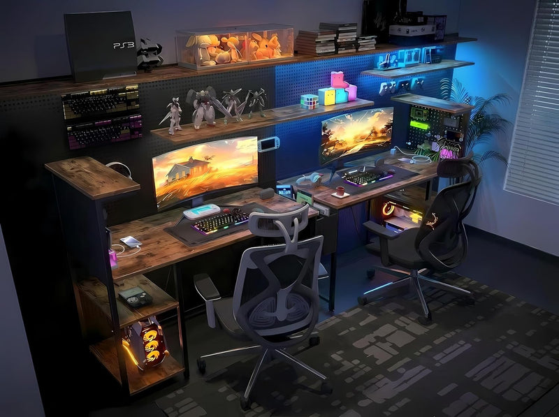 Gaming Desk with Pegboard Power Outlet LED Light