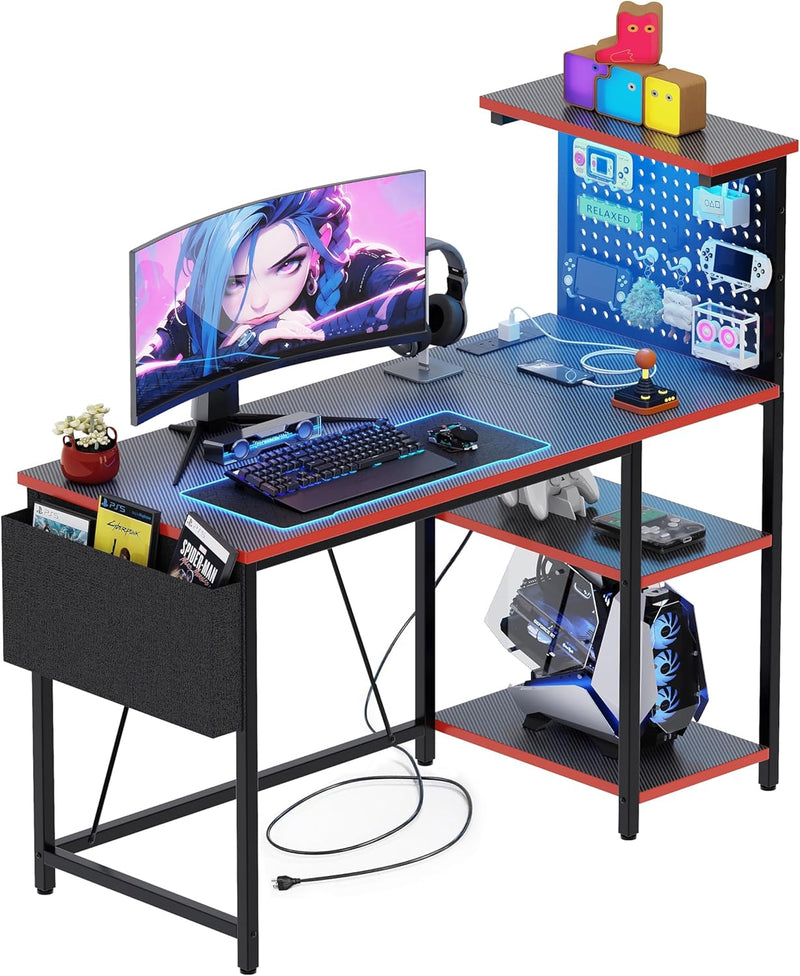 Gaming Desk with Pegboard Power Outlet LED Light