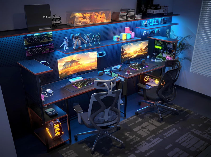 Gaming Desk with Pegboard Power Outlet LED Light