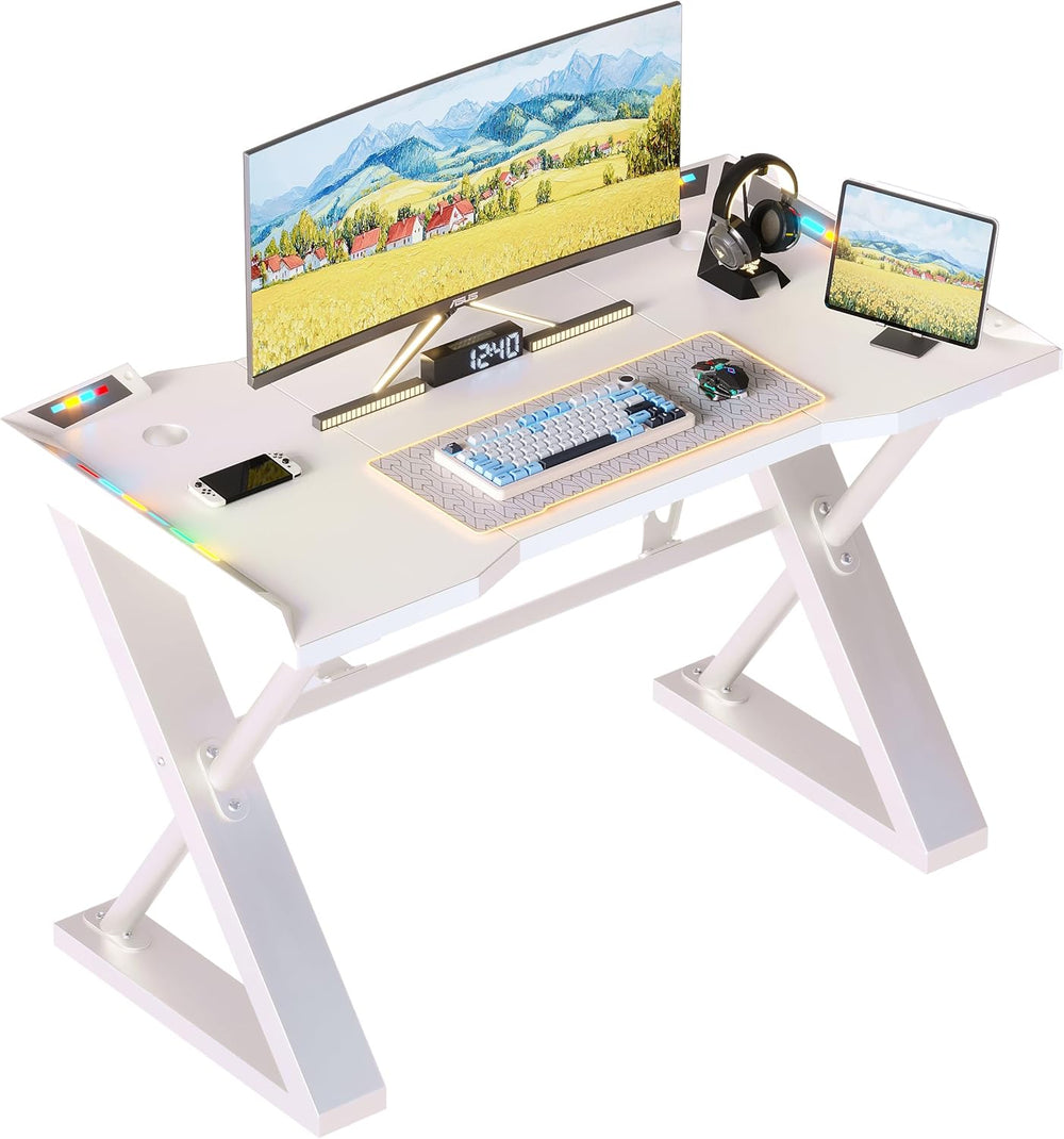 Gaming Desk with Pegboard Power Outlet LED Light