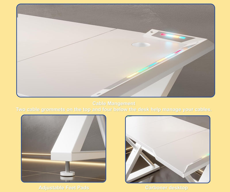 Gaming Desk with Pegboard Power Outlet LED Light