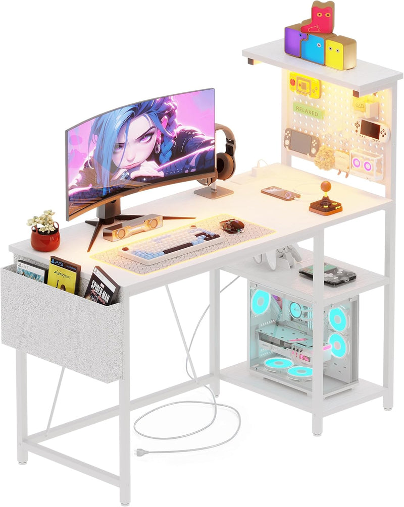 Gaming Desk with Pegboard Power Outlet LED Light