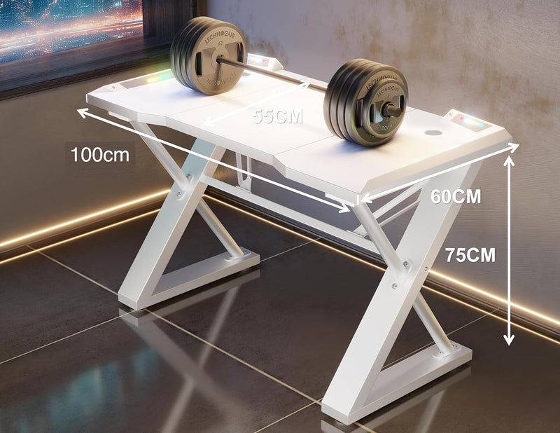 Gaming Desk with Pegboard Power Outlet LED Light