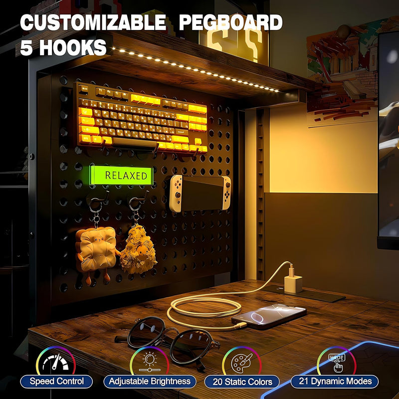Gaming Desk with Pegboard Power Outlet LED Light
