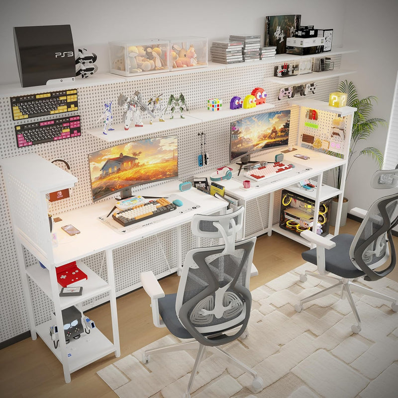 Gaming Desk with Pegboard Power Outlet LED Light