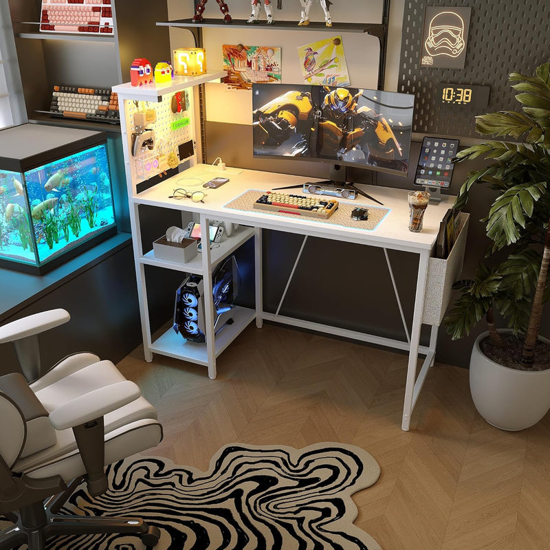 Gaming Desk with Pegboard Power Outlet LED Light