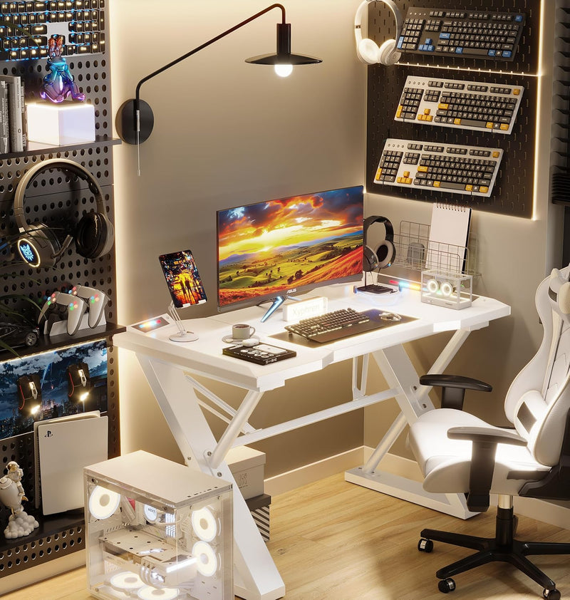 Gaming Desk with Pegboard Power Outlet LED Light