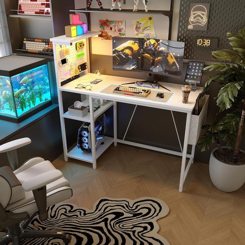 Gaming Desk with Pegboard Power Outlet LED Light