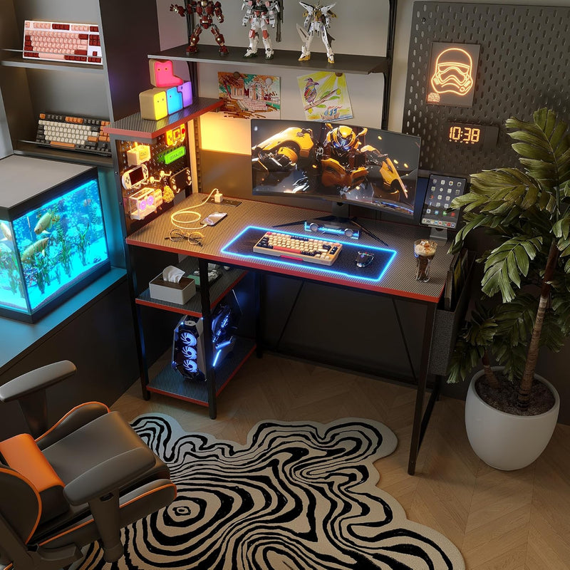Gaming Desk with Pegboard Power Outlet LED Light