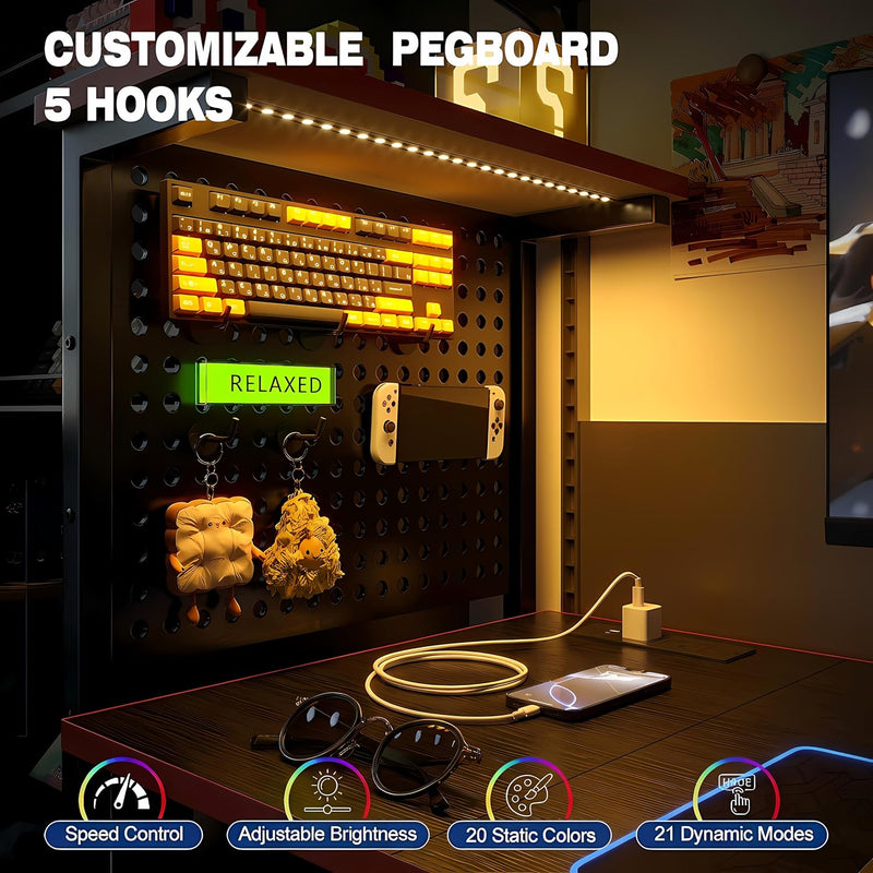 Gaming Desk with Pegboard Power Outlet LED Light