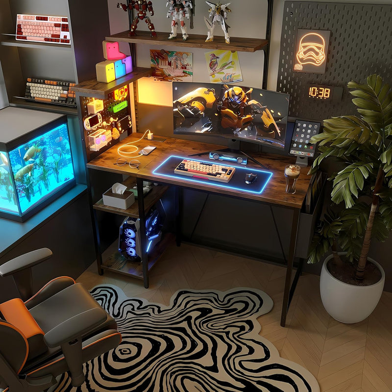 Gaming Desk with Pegboard Power Outlet LED Light