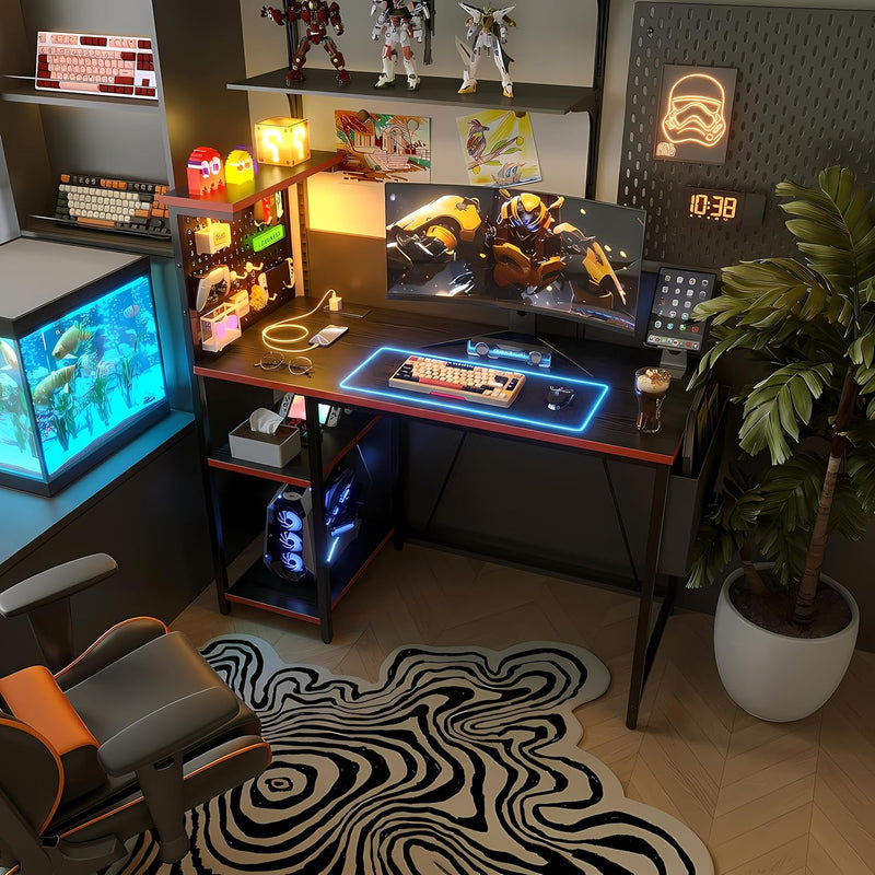 Gaming Desk with Pegboard Power Outlet LED Light