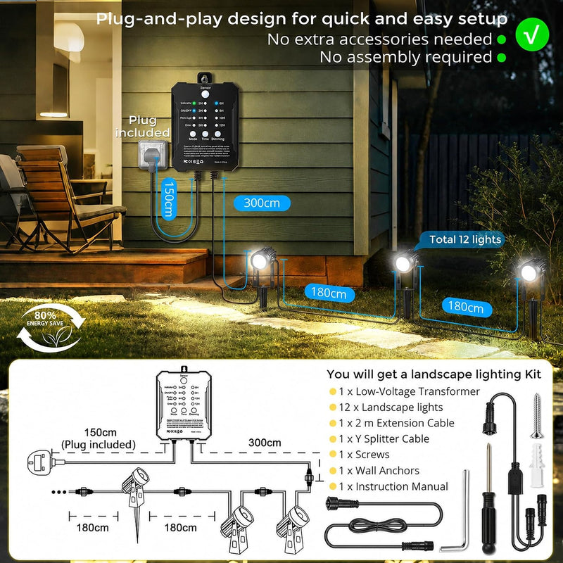 Garden Lights Mains Powered with Timer and Photocell (8 Pack)