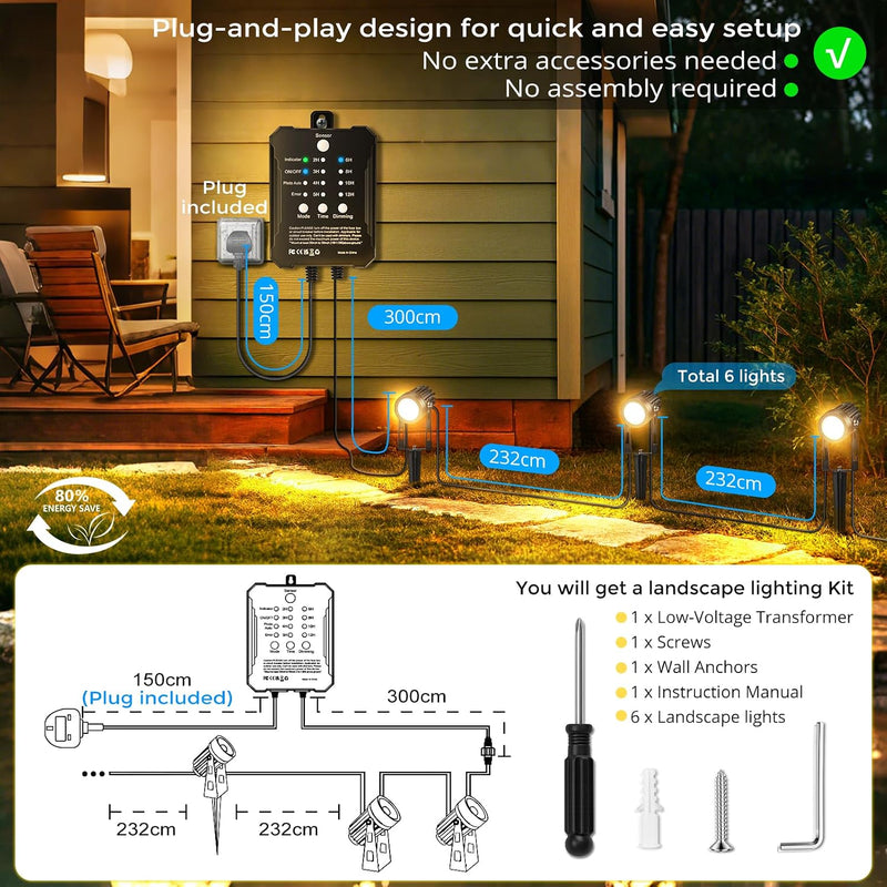 Garden Lights Mains Powered with Timer and Photocell (8 Pack)