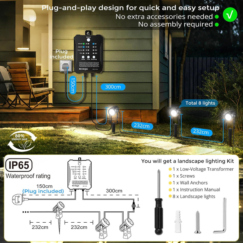 Garden Lights Mains Powered with Timer and Photocell (8 Pack)
