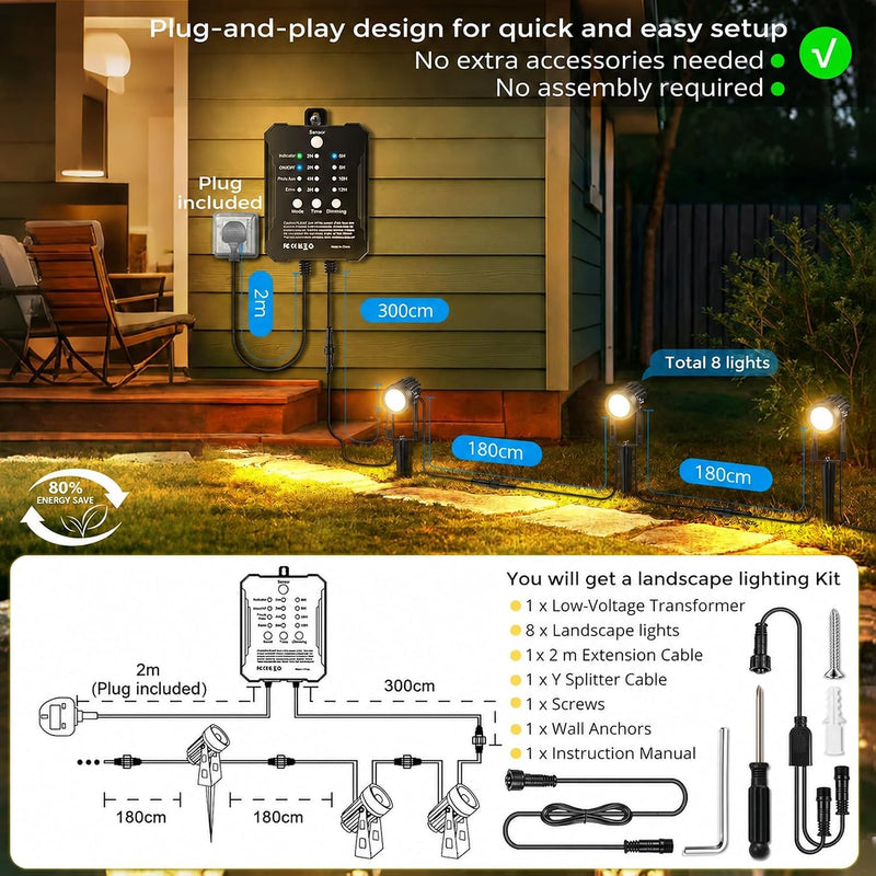 Garden Lights Mains Powered with Timer and Photocell (8 Pack)