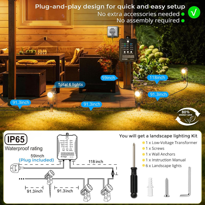 Garden Spotlights Mains Powered with Transformer (6 Pack)