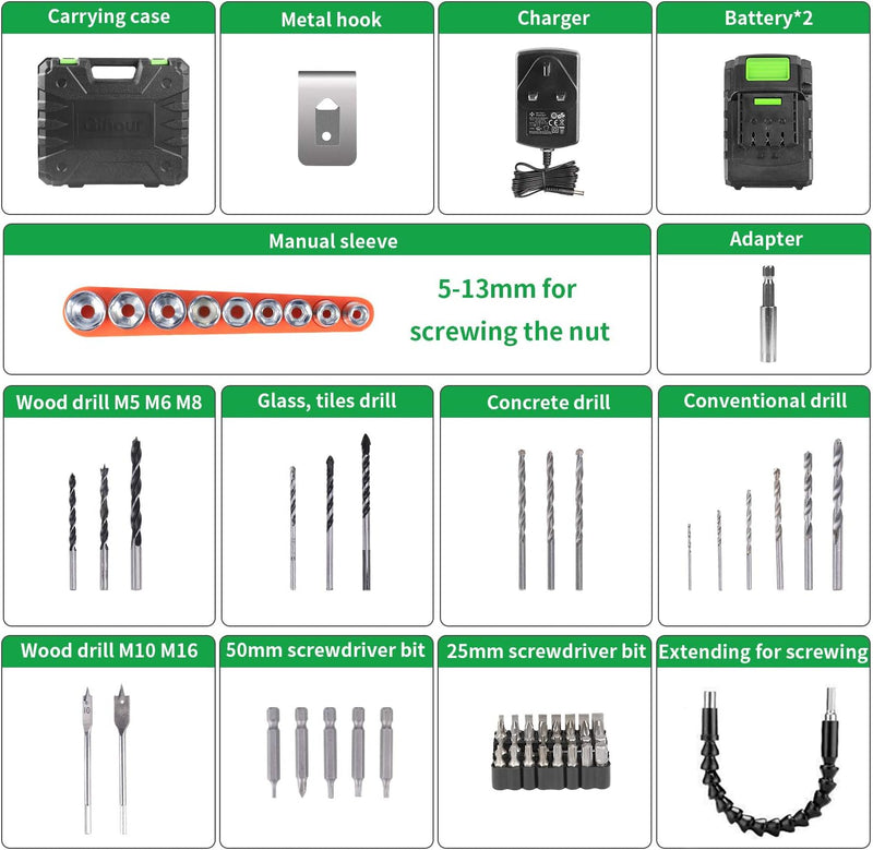 21V Brushless Cordless Combi Drill Set 2x2.0ah 50nm