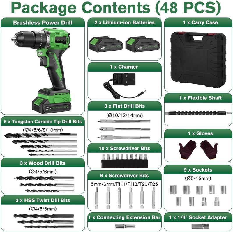 21V Brushless Cordless Combi Drill Set 2x2.0ah 50nm