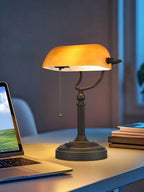 Glass Bankers Desk Lamp with Pull Chain Switch