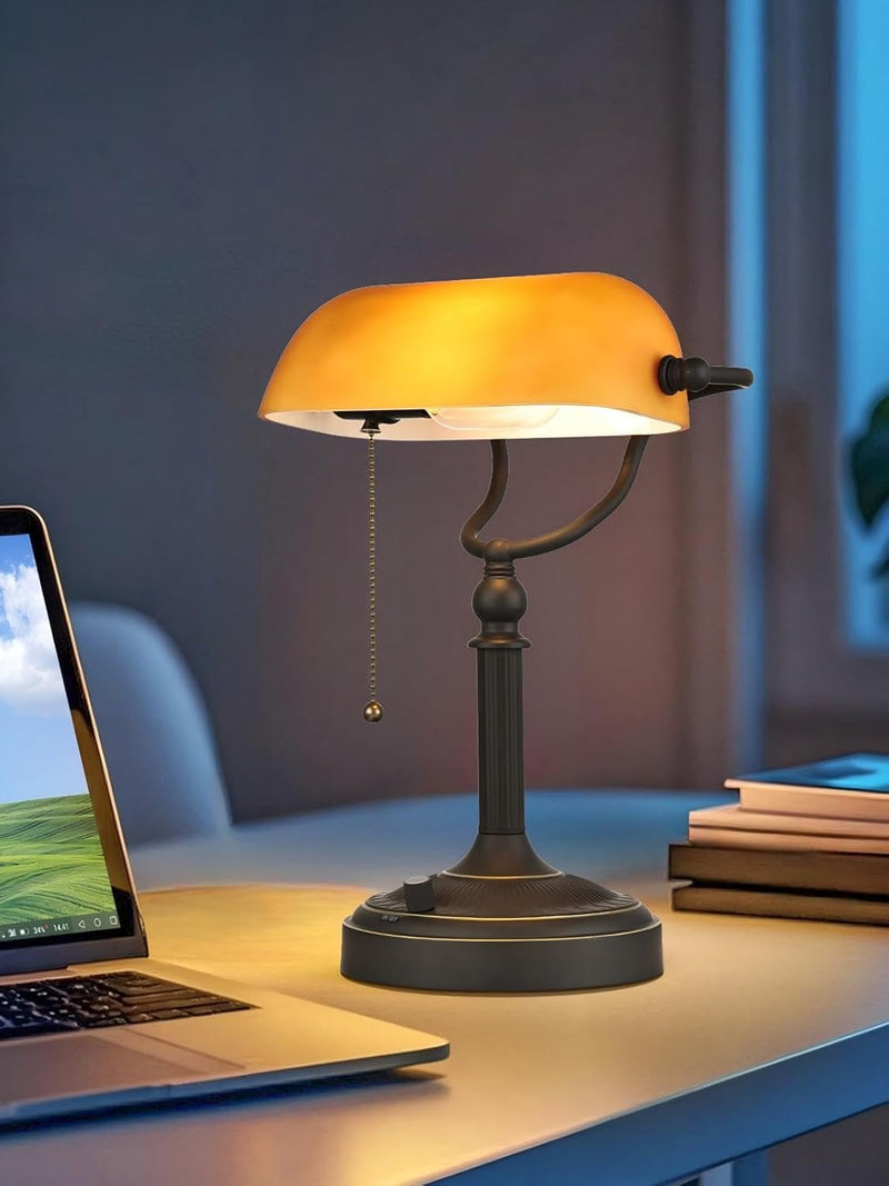 Glass Bankers Desk Lamp USB Fast Charging Port