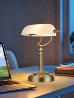 Glass Bankers Desk Lamp with Pull Chain Switch