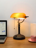Glass Bankers Desk Lamp with Pull Chain Switch