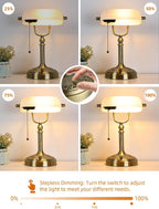 Glass Bankers Desk Lamp with Pull Chain Switch