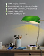 Glass Bankers Desk Lamp with Wireless Charger USB