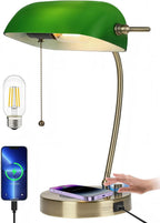 Glass Bankers Desk Lamp with Wireless Charger USB