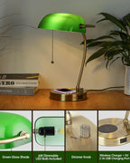 Glass Bankers Desk Lamp with Wireless Charger USB