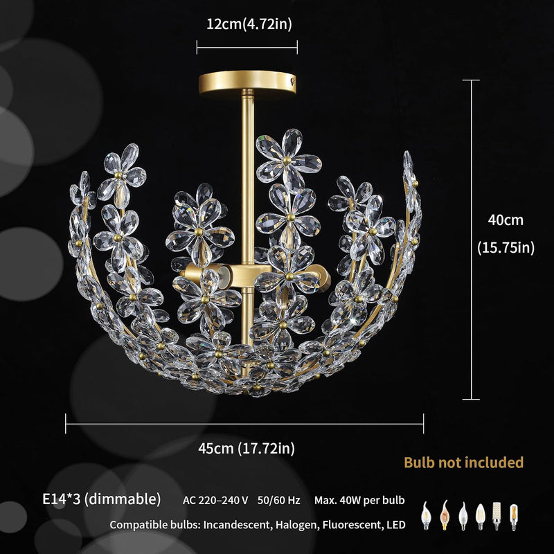 Floral Crystal Ceiling Light 3-Light Chandelier