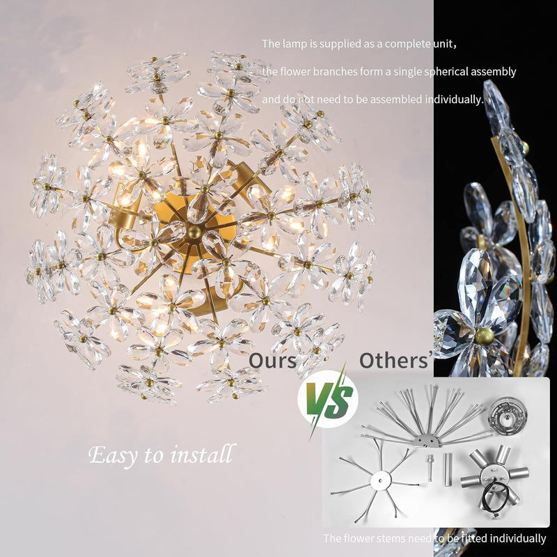 Floral Crystal Ceiling Light 3-Light Chandelier