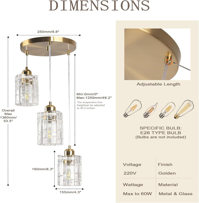 Glass Ceiling Pendant Light Modern 3-Light Chrome Chandelier