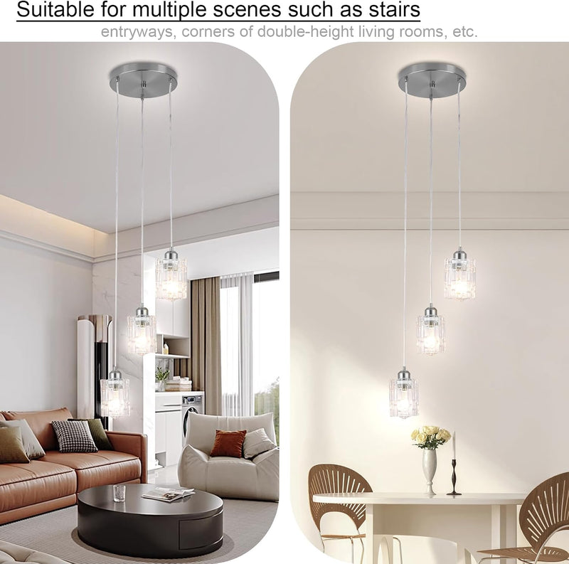 Glass Ceiling Pendant Light Modern 3-Light Chrome Chandelier