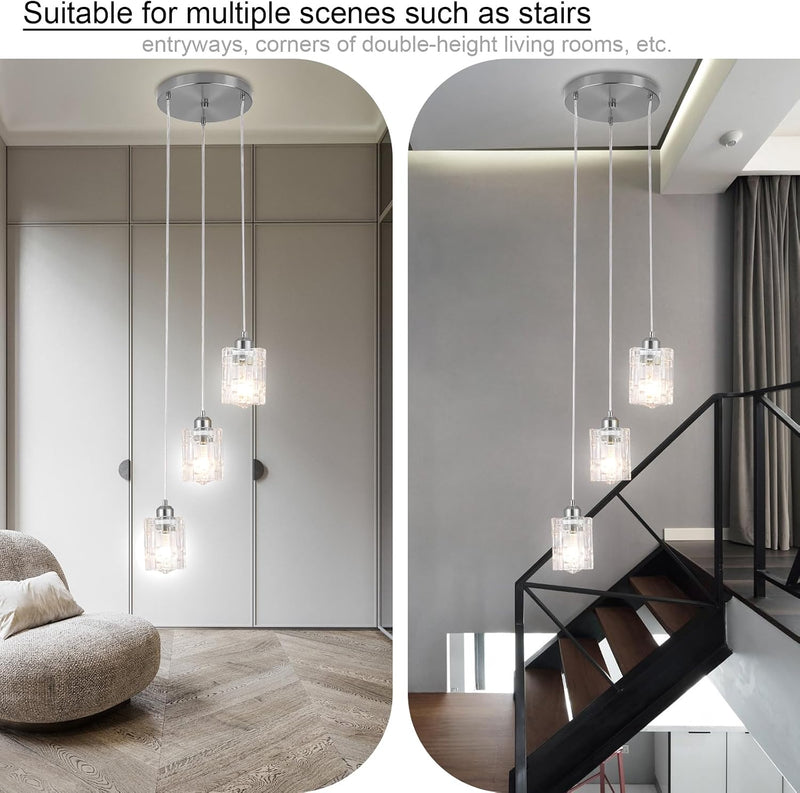 Glass Ceiling Pendant Light Modern 3-Light Chrome Chandelier