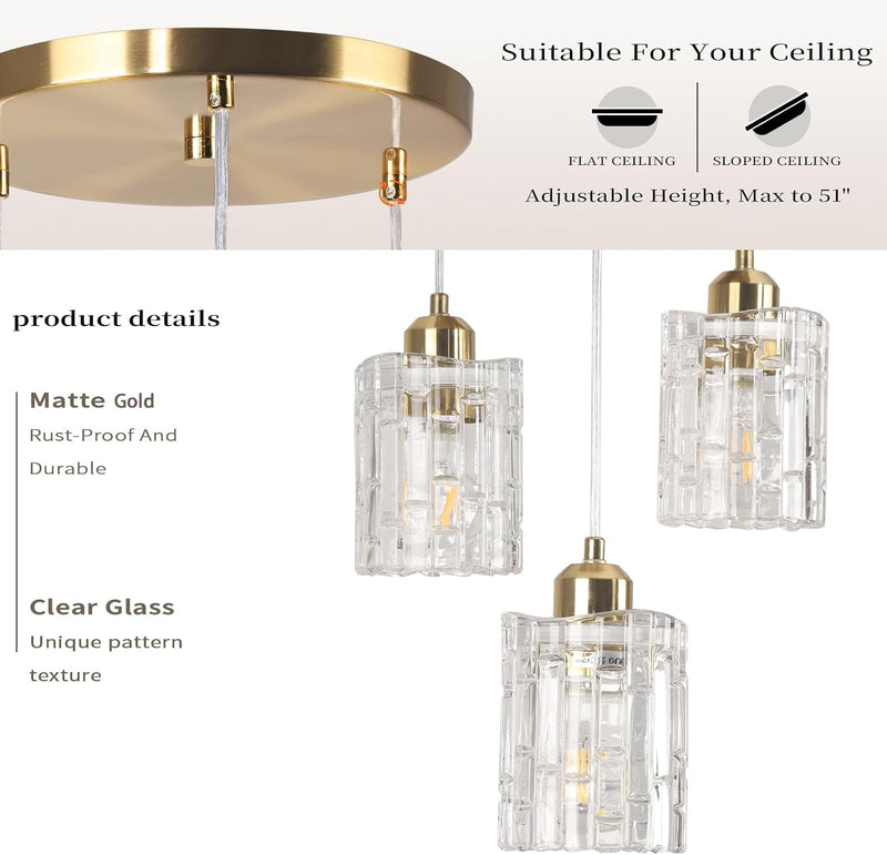 Glass Ceiling Pendant Light Modern 3-Light Chrome Chandelier