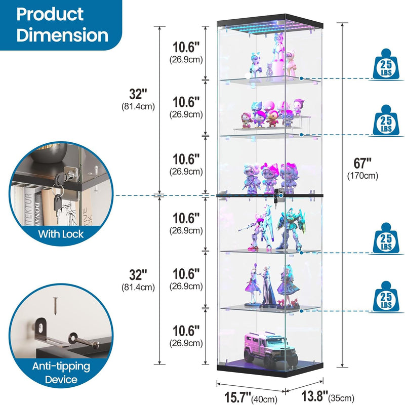 Glass Display Cabinet with RGB Lights 3-Tier