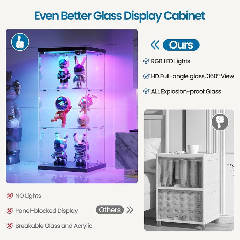 Glass Display Cabinet with RGB Lights 3-Tier