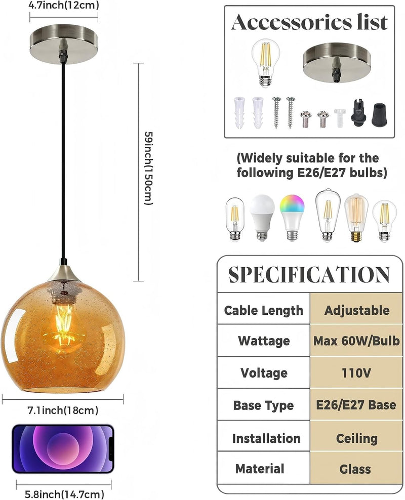 Glass Pendant Light for Kitchen Island Includes Extra