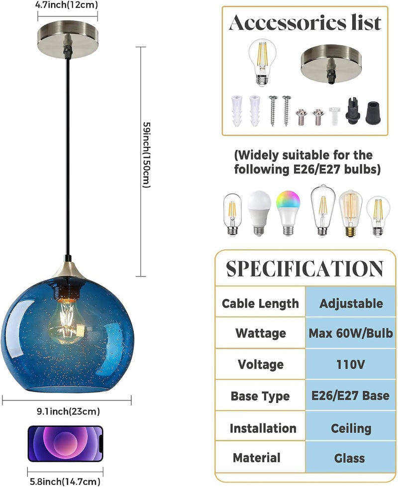 Glass Pendant Light for Kitchen Island Includes Extra