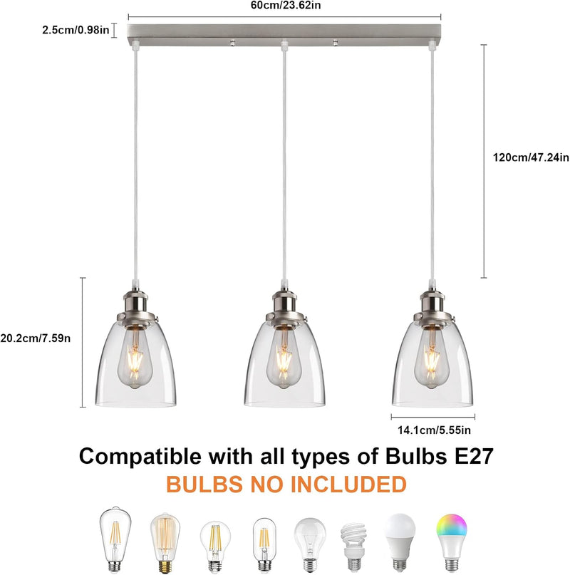 Glass Pendant Light Vintage Industrial with Clear Lampshade
