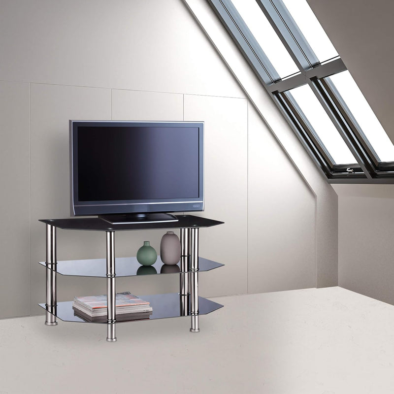 Glass TV Stand 3 Tempered Shelves Rubber Feet