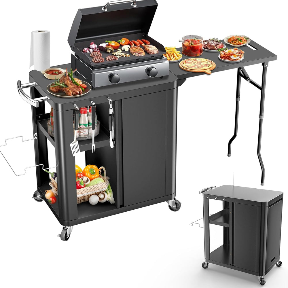 Grill Bbq Cart Cabinet with Folding Side Table