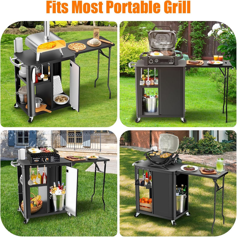 Grill Bbq Cart Cabinet with Folding Side Table