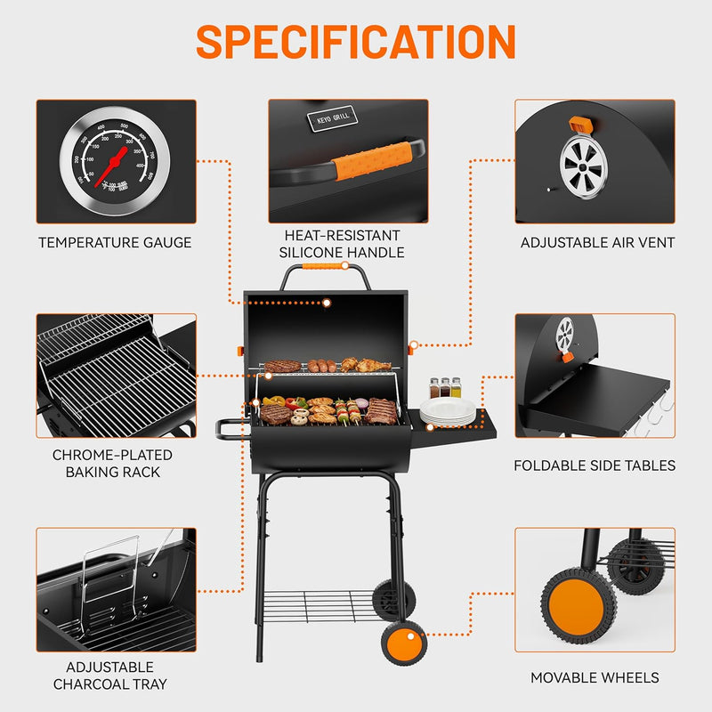 20" Bbq Grill with Height-Adjustable Tray- 351 Sq